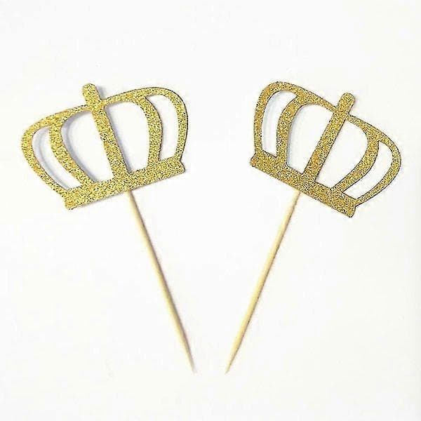 20 stk. guldglimmer krone cupcake kagepynt pinde bryllup brudebad