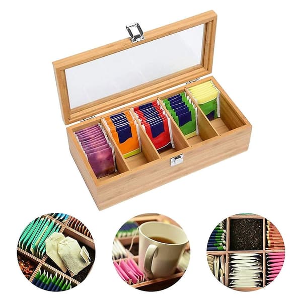 Multifunktionell Te Box Smyckeskrin Organizer i Bambu med 5 Fack Te Box Organizer Socker