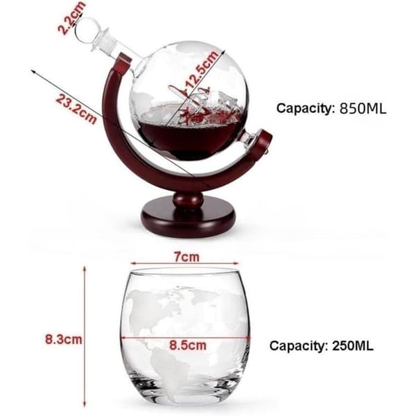 Sfärisk whiskykaraff med glas, whiskykaraff med 1 karaff och 2 glas