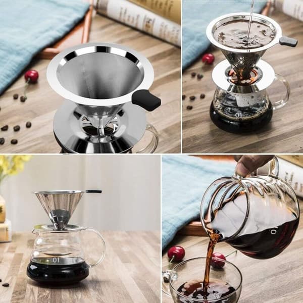 Permanent kaffefilter, 800 mesh kaffefilter i rustfrit stål, langsomt dryppende genanvendeligt dobbeltnet konisk filter, til manuel kaffebrygning