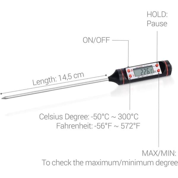 2-delt køkken-termometer - 14,5 cm rustfri stålsonde - -50°C til 300°C - Præcis LCD-skærm