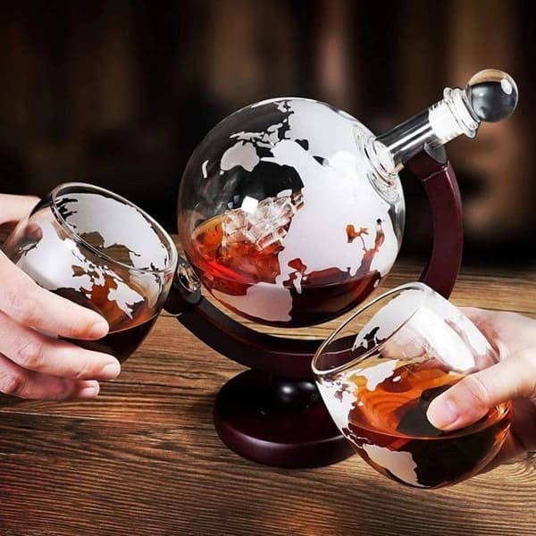 Sfärisk whiskykaraff med glas, whiskykaraff med 1 karaff och 2 glas