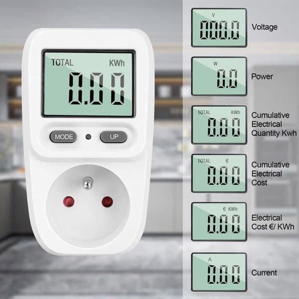 Standard plug-in wattmeter - 3680W maks - Måler V/W/kWh/Hz - Strømbruddssikker