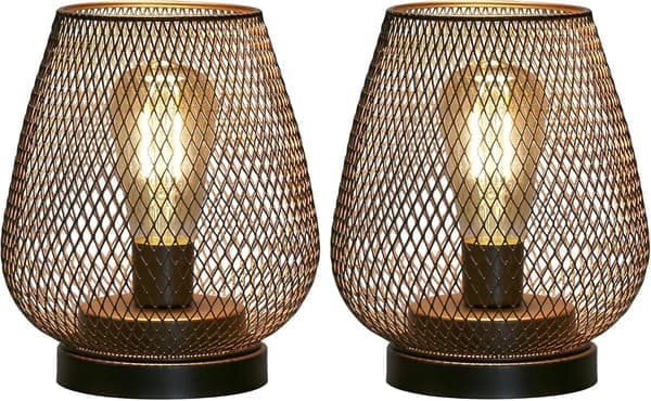 Set med 2 bordslampor i metallbur batteridrivna, sladdlös accentbelysning med LED Edison-stil glödlampa för sovrum hem bröllopsfester