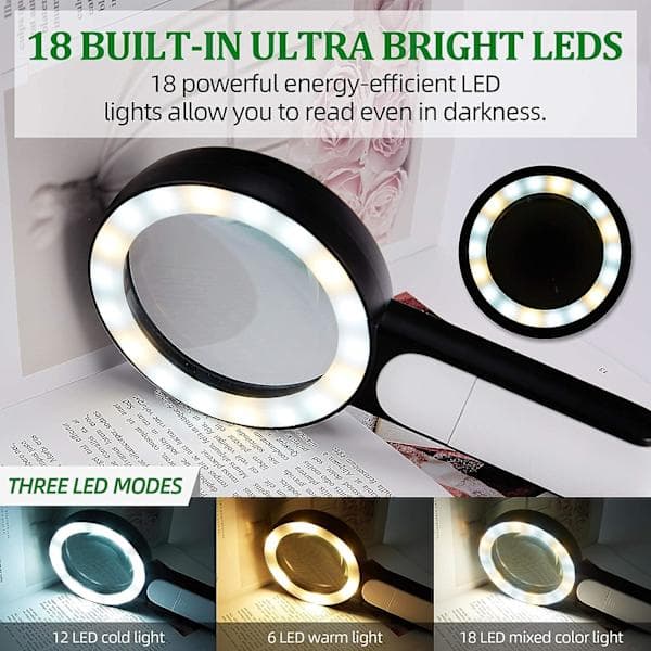 30x förstoringsglas, stort förstoringsglas med 18 LED-lampor, bärbart