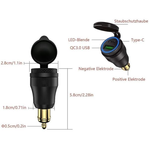 USB cigarettænderadapter - Til BMW motorcykler, DIN/Hella - EU-stik USB C PD 3.0 & QC