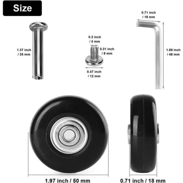 Koffert hjul 50 x 18 mm - Gummi - Dobbeltlager - 4 stk - Stillegående