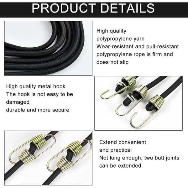 Elastiska Bungee-snören med krokar, förpackning med 12 elastiska karbinhakar, 25 cm snören, kraftiga elastiska gummiband för att säkra bagage, tält,..