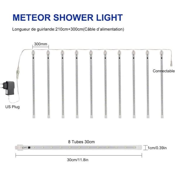 LED \"Regn\" Lyslenke, 8 Rør, 192 LED, 30cm - Kjølig Hvit, IP44
