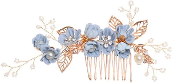Bryllupshårkam Perle Krystall Dekor Klips Nål Rhinestone Blomst Bryllupshårtilbehør for Brud Brudepike Blå