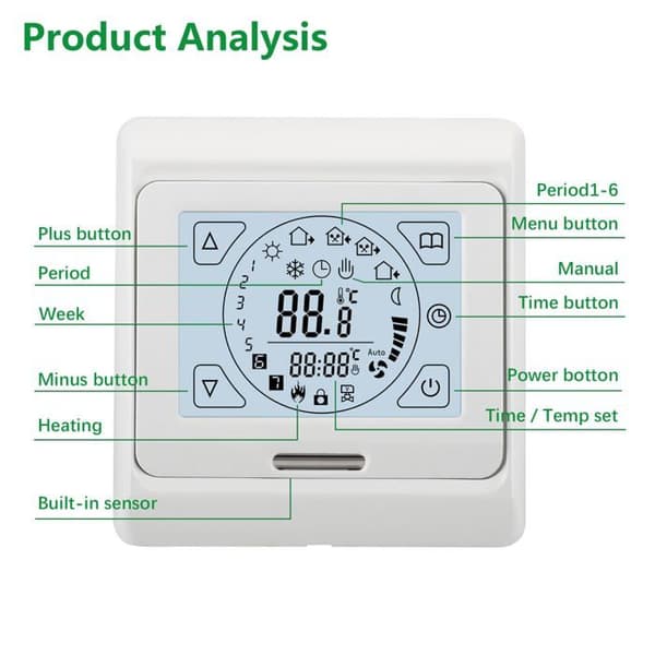 7-dagers programmerbar LCD romtermostat, 230V 16A, for elektrisk gulvvarme - hvit