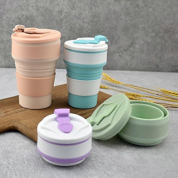 Vikbar campingmugg, läckagesäker vattenkopp med lock, silikonkaffemugg, vandring, resor, picknick lila 350ML