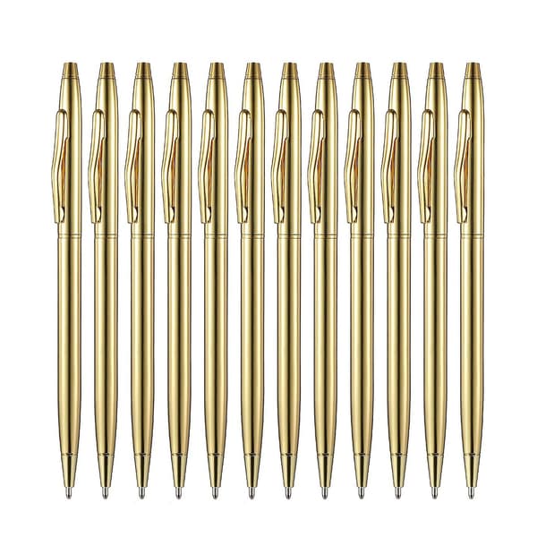 12 stk. guldfarvede slanke kuglepenne, sort blæk, 1 mm medium spids, metalliske udtrækkelige kuglepenne til studerende