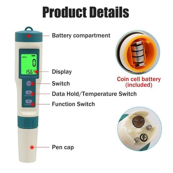 8-i-1 elektronisk pH-måler - pH/TDS/EC/ORP - Temperatur og salinitet