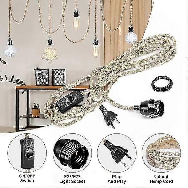 4,5 m 2-leder linned elkabel, med E27 fatning og afbryder, til gør-det-selv lampe (uden pære)