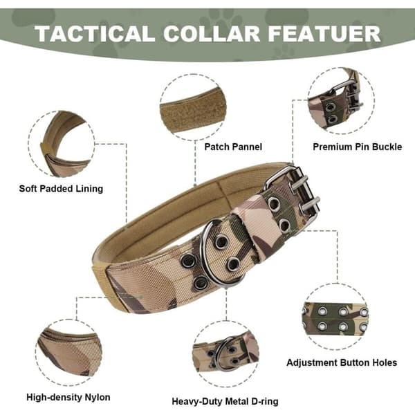 Justerbart Taktisk Halsbånd til Store Hunde, Holdbart til Jagttræning, 53-63cm XL, til Schæferhund/Labrador