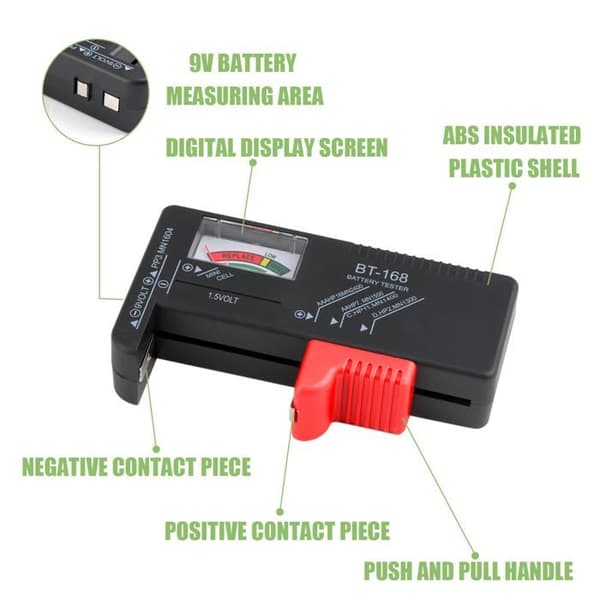Universal batteritestare - analog för AA AAA CD 9V och knappcellsbatterier, fungerar utan batterier
