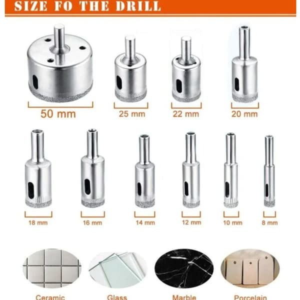 10 Stykker Diamantborebits til Keramik, Glas, Porcelæn, Fliser - 8 mm til 50 mm