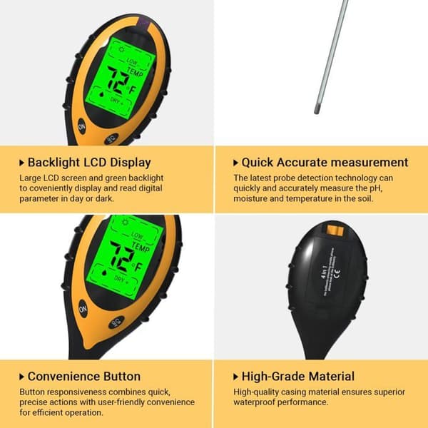 4-i-1 Jordtester: pH, Fugtighed, Temperatur, Lys - LED Display