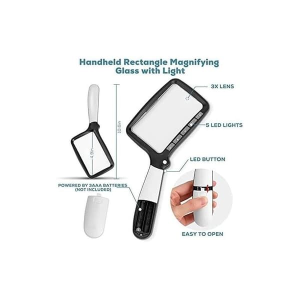 3X Sammenleggbar Lupe - 5 Dimbar LED - ABS Ramme - Akryl Linse