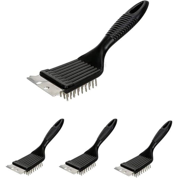 4-delt grillbørstesett i rustfritt stål, 21 cm håndtak, metallbust og skrape, sklisikkert grep