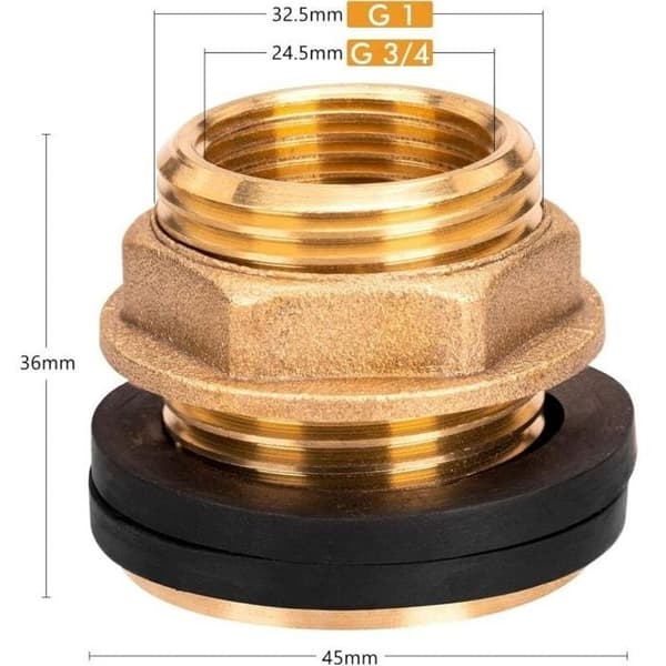 stk. Messing tankindløbsfitting 3/4\" (hul) – 1\" udv. med 4 gummipakninger, 39 mm