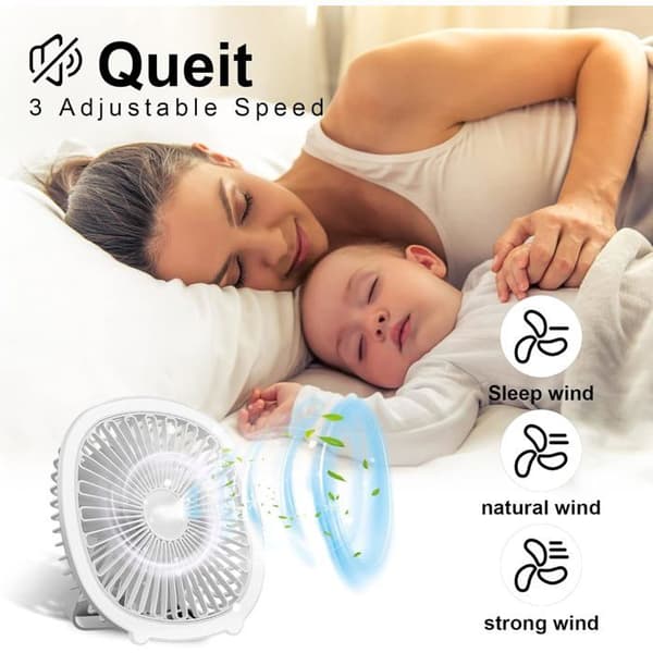 Bærbar ventilator, Støjsvag ventilator, Tre vindhastigheder, Med trinløs lysændring Mini ventilator til