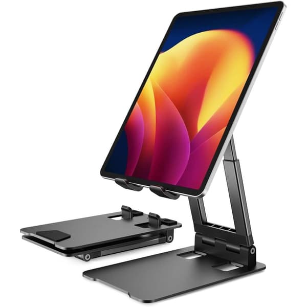 Sammenfoldeligt og højdejusterbart tabletstativ til skrivebord, robust iPad-stativ i aluminium, kompatibelt med tablets fra 4\" til 13\" - Sort