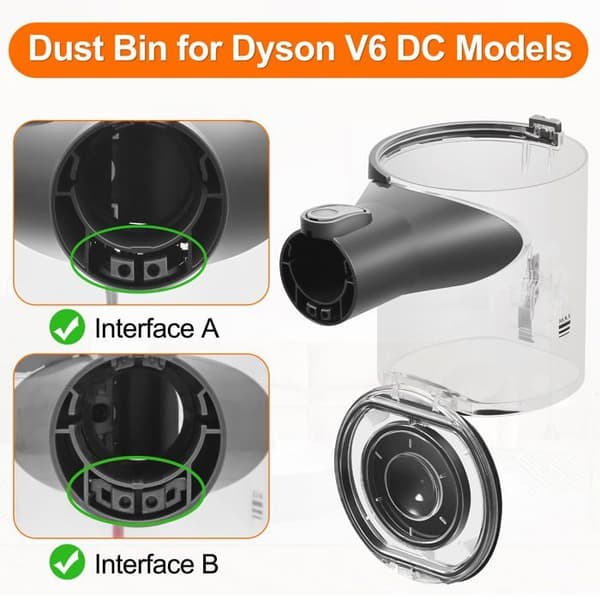 Erstatningsstøvbeholder til Dyson V6 (DC58/DC59/DC62/DC74) - Gennemsigtig beholder. Reservedel.
