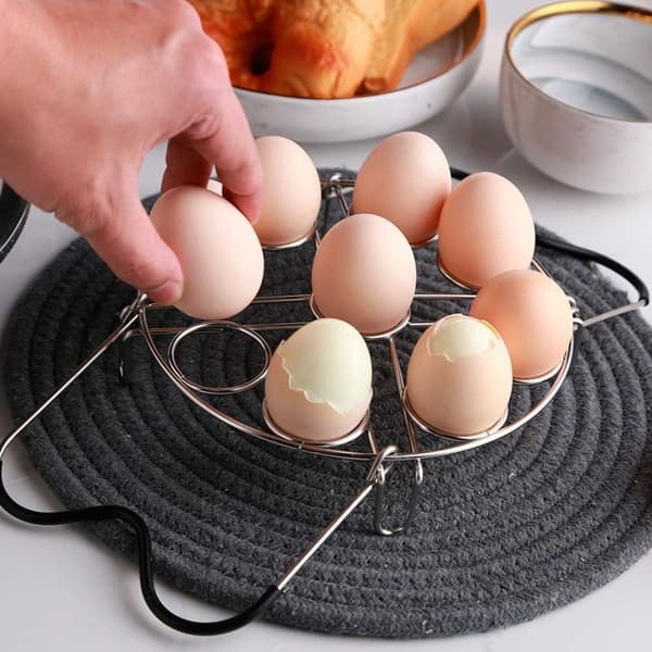 Eggdamperstativ, eggholder for hardkokte egg, eggkokestativ med varmebestandige silikonhåndtak, dampbrett i rustfritt stål for egg