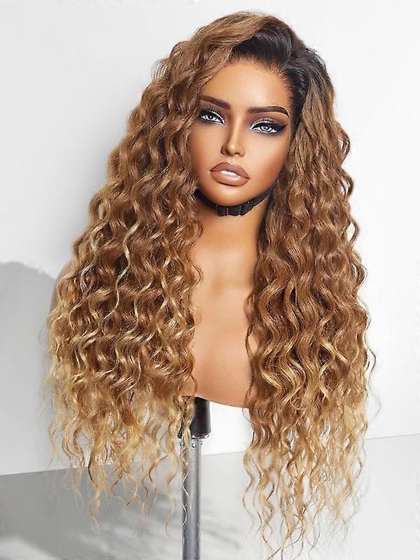 Ombre Blond Vattenvåg Limfri Del 13x4 Spetsfrontperuk