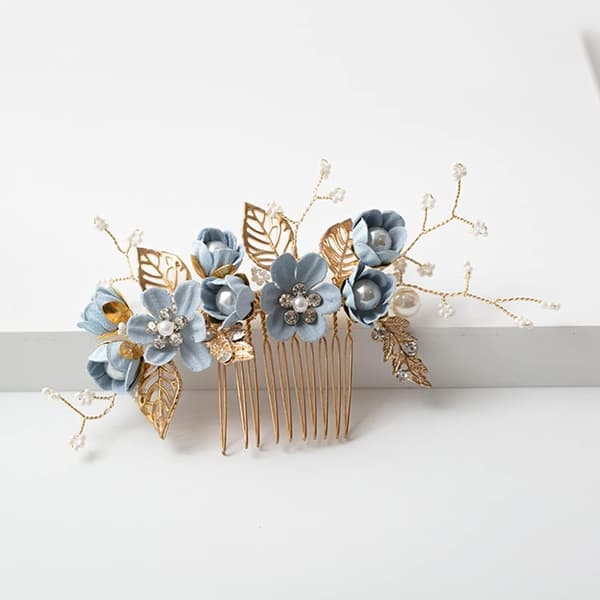 Bryllupshårkam Perle Krystall Dekor Klips Nål Rhinestone Blomst Bryllupshårtilbehør for Brud Brudepike Blå