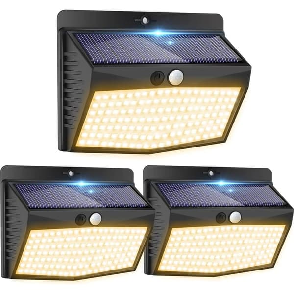 Varmhvide udendørs solcellelamper [3-pak med 138 LED'er] Trådløse 3-tilstands solcellebevægelsessensorlamper, vandtæt udendørs solcellebelysning til haven