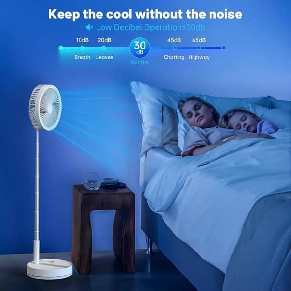 Stille bærbar gulvvifte med fjernkontroll, 4 moduser/timer, 7200 mAh, USB oppladbar