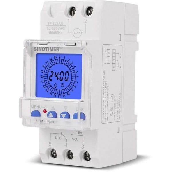 Programmerbar tidsbryter, 24-timers LCD-klokke - DIN-skinne - 16A - 96 programmer