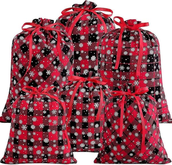 6-pack julbuffelrutiga påsar med snöflingemönster, presentpåsar i bomull till jul