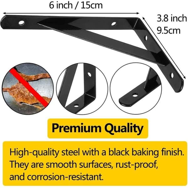 Väggfästen för hyllor – Förpackning med 6 triangulära fästen i svart stål – Mått 15x9,5 cm – Maximal belastning 30 kg