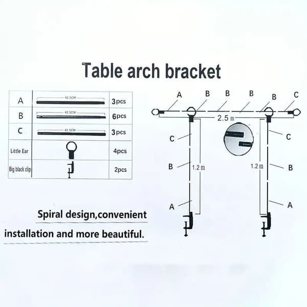 Justerbar metallbordbue, 42cm-123cm høy og 80cm-250cm lang, for bryllup, bursdagsfester, bryllupsdager og dekorasjoner.
