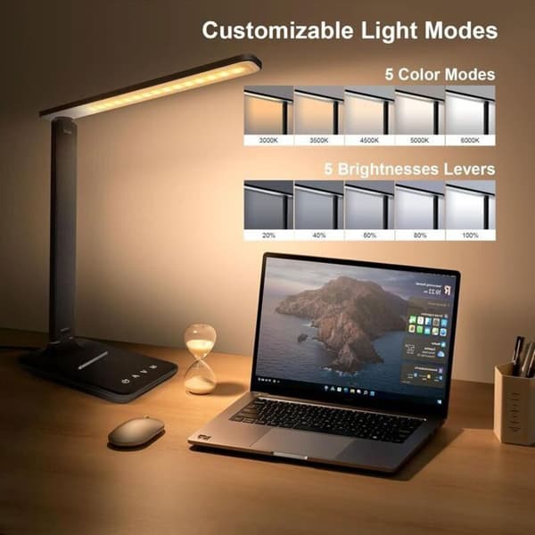 Dimbar LED-bordlampe, leselampe med USB-ladeport, 5 lysmoduser, berøringskontroll