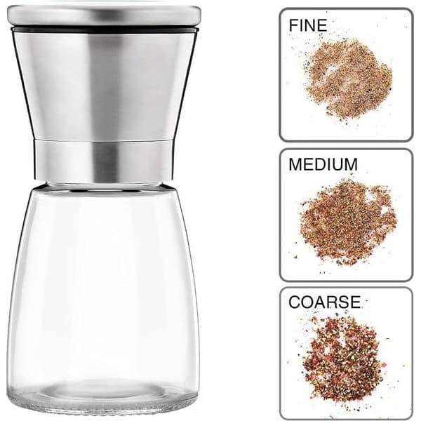 Sæt med 4 salt- og peberkværne, originalt rustfrit stål, kobberbørstet rustfrit stål og glaskrop, krydderikværne - 160 ml