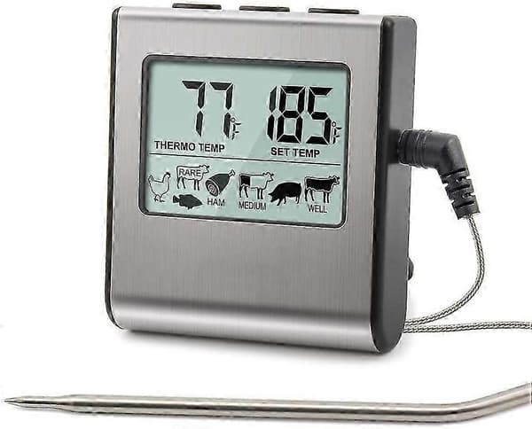 Digitalt mattermometer, stor LCD med sonde, BBQ-grilltimer og matkjøttrøyker