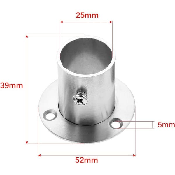 Sæt med 2 beslag i rustfrit stål med flange til 25 mm diameter garderobestang, rund flad base til fastgørelse af badeforhængsstænger