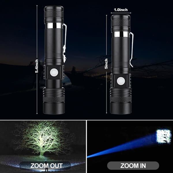 Sett med 2 USB oppladbare LED-lommelykter, 1500 lm, vanntett, støtsikker, zoom, 3 moduser + 2x18650 batterier