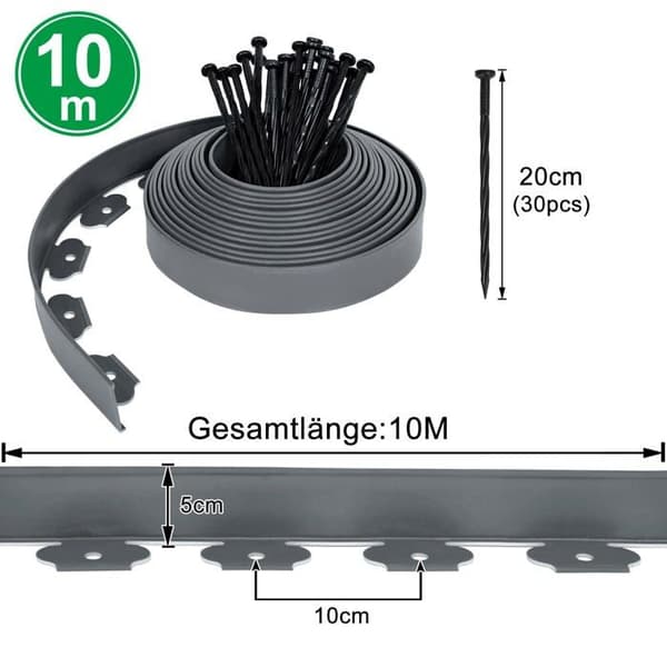 Plænekant i plast 10m x 5cm - sort, fleksibel + 30 ankerpæle