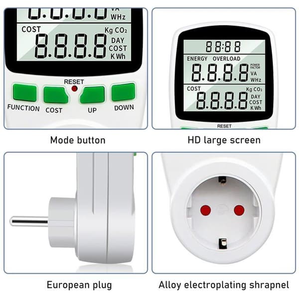 Digital plug-in wattmätare - Energimätare (kWh), spänning, ström, frekvens, effektfaktor