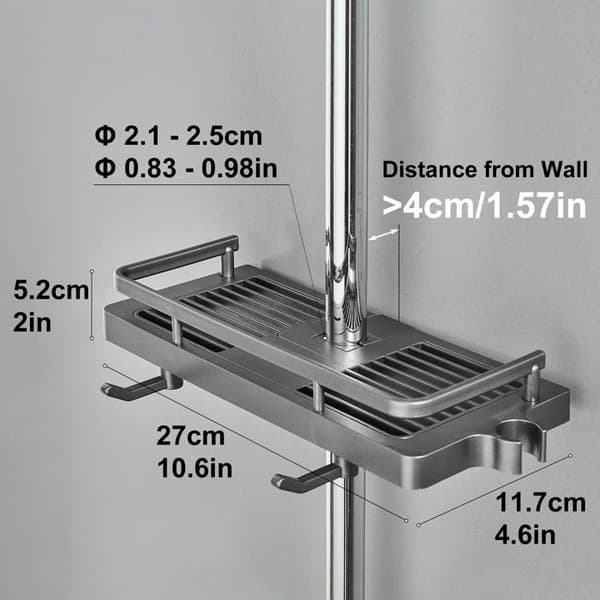 Badeværelseshylde uden boring til 21-25 mm stænger – justerbar grå ABS-hylde 27×12 cm