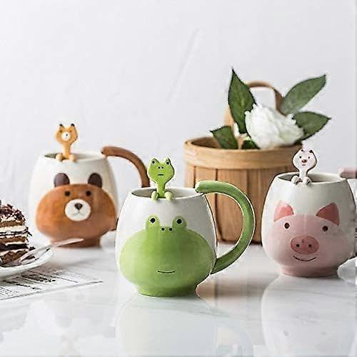 Handmålad kaffekopp Härlig Panda/Groda/Katt/Gris Keramisk Mugg Tekopp Inklusive Tesked