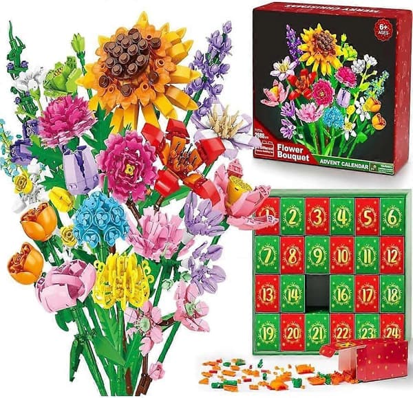2026 Julekalender med blomsterbukett Byggeklosser for 24 dager