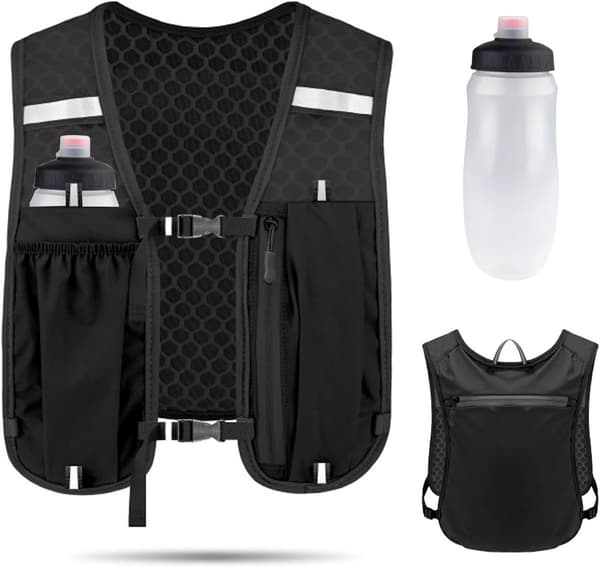 Reflekterende løbevest med striber, leveres med 500 ml vandflaskelomme sort