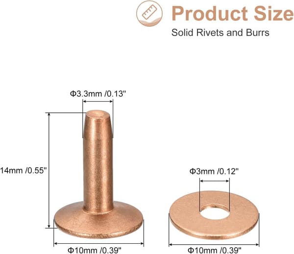 10 set kopparnitar och brickor, 10x3,3x14mm solida kopparnitar för läder DIY hantverkstillbehör, kopparton
